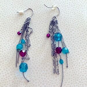 Beaded French Wire Dangling Earrings Purple and Turquoise Beads